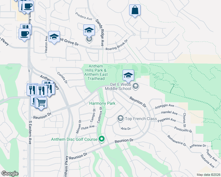 map of restaurants, bars, coffee shops, grocery stores, and more near 2324 Tedesca Drive in Henderson