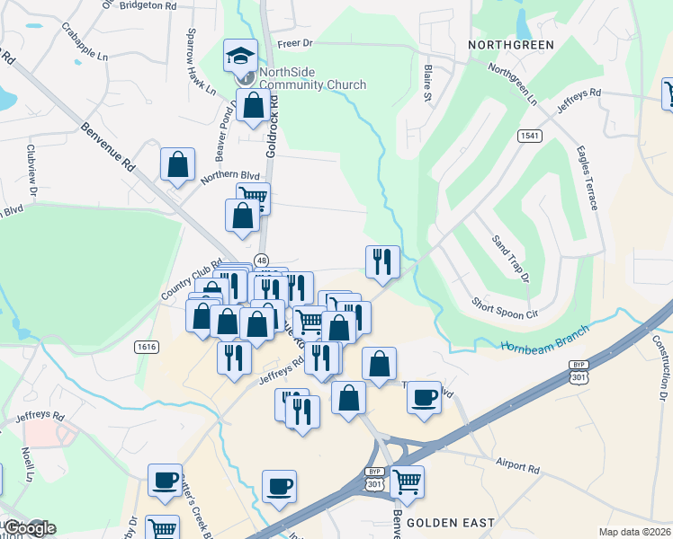 map of restaurants, bars, coffee shops, grocery stores, and more near 1205 Jeffreys Court in Rocky Mount