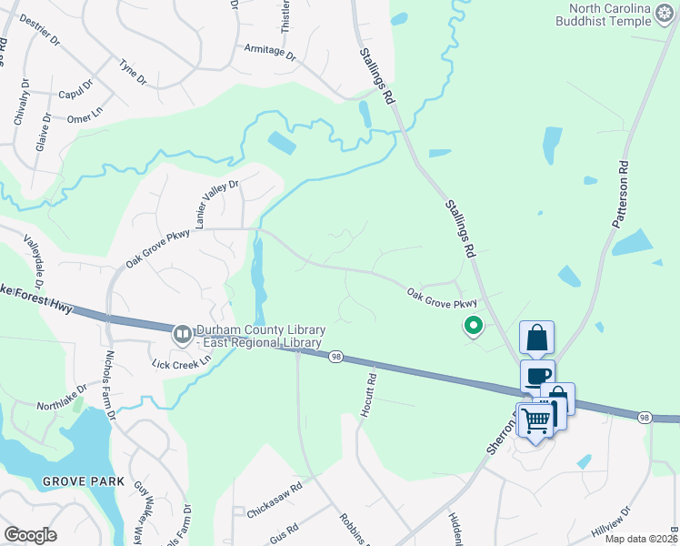 map of restaurants, bars, coffee shops, grocery stores, and more near 4 Thorn Brook Court in Durham