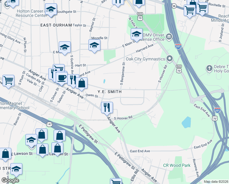 map of restaurants, bars, coffee shops, grocery stores, and more near 2615 Ashe Street in Durham