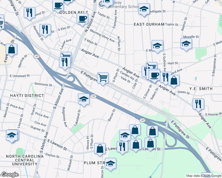 map of restaurants, bars, coffee shops, grocery stores, and more near 312 South Plum Street in Durham