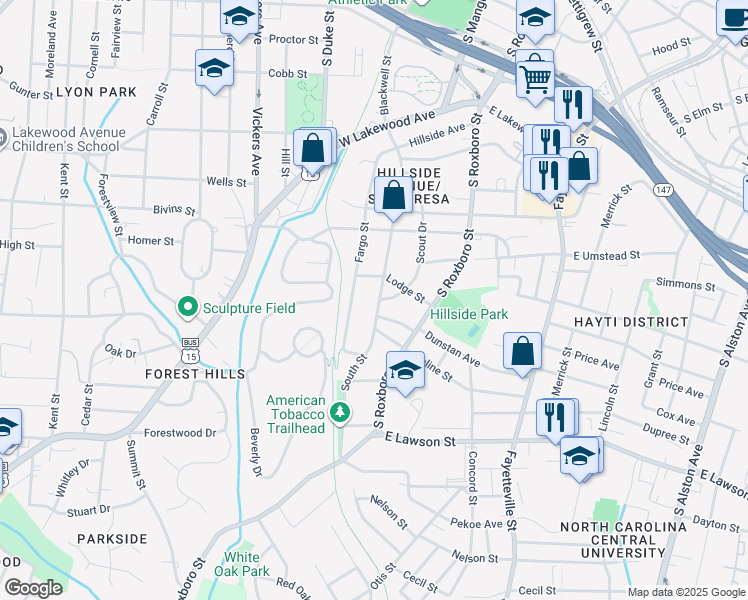 map of restaurants, bars, coffee shops, grocery stores, and more near 1201 Fargo Street in Durham