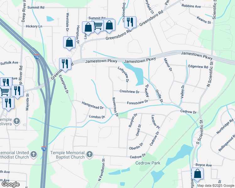 map of restaurants, bars, coffee shops, grocery stores, and more near 3202 Crestview Drive in High Point