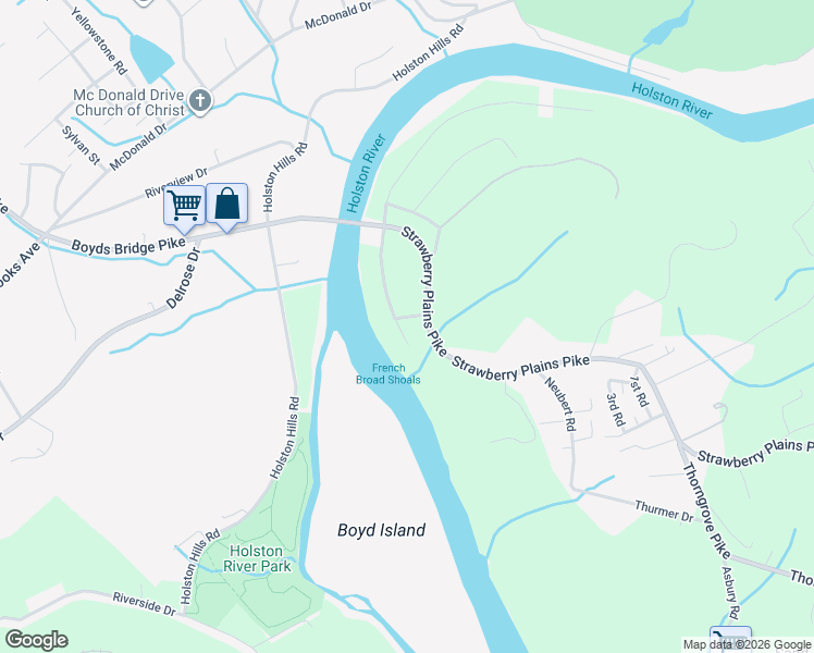 map of restaurants, bars, coffee shops, grocery stores, and more near 1926 River Shores Drive in Knoxville