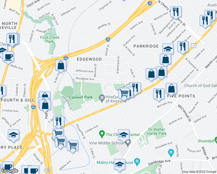 map of restaurants, bars, coffee shops, grocery stores, and more near 1818 Woodbine Avenue in Knoxville