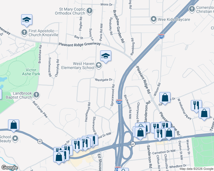 map of restaurants, bars, coffee shops, grocery stores, and more near 4201 Westgate Drive in Knoxville