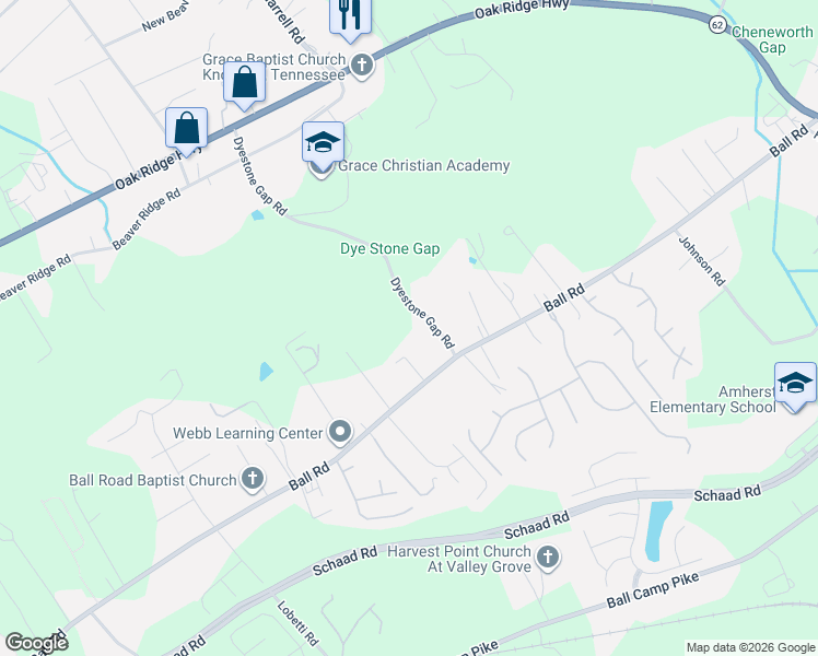 map of restaurants, bars, coffee shops, grocery stores, and more near 3428 Dyestone Gap Road in Knoxville