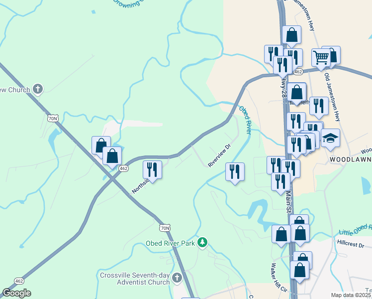 map of restaurants, bars, coffee shops, grocery stores, and more near 70 South Riverview Lane in Crossville