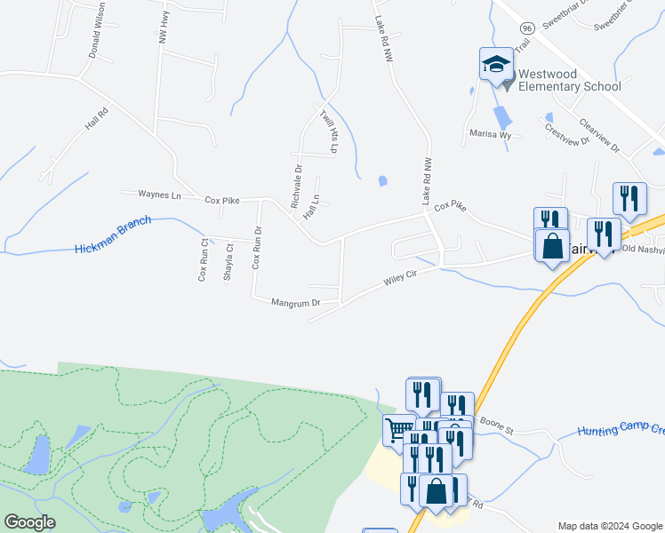 map of restaurants, bars, coffee shops, grocery stores, and more near 7269 Cox Pike in Fairview