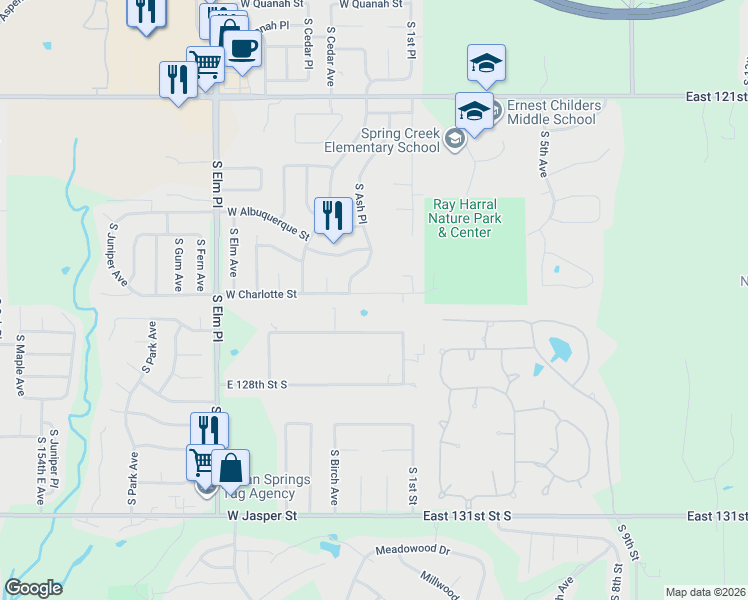 map of restaurants, bars, coffee shops, grocery stores, and more near 7404 South 1st Street in Broken Arrow