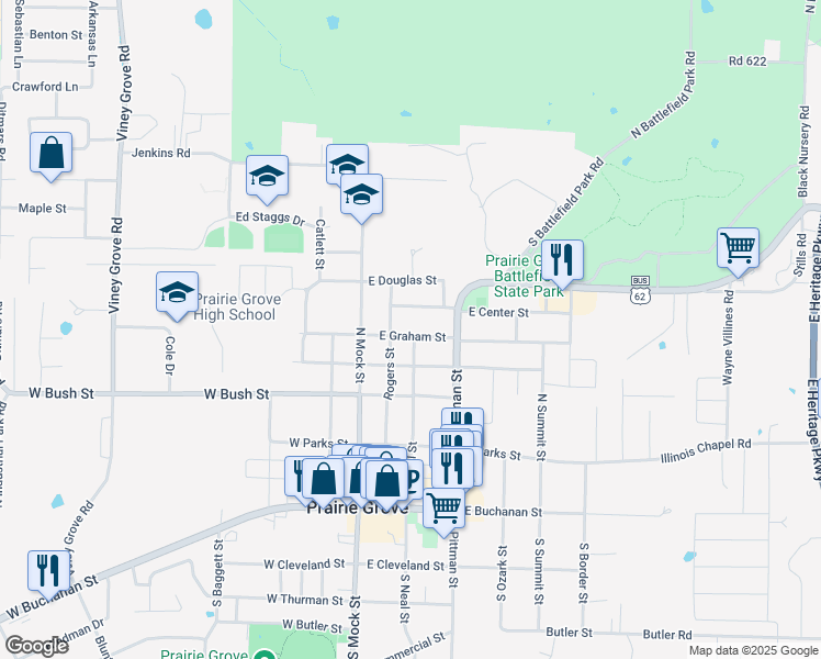 map of restaurants, bars, coffee shops, grocery stores, and more near 209 East Center Street in Prairie Grove