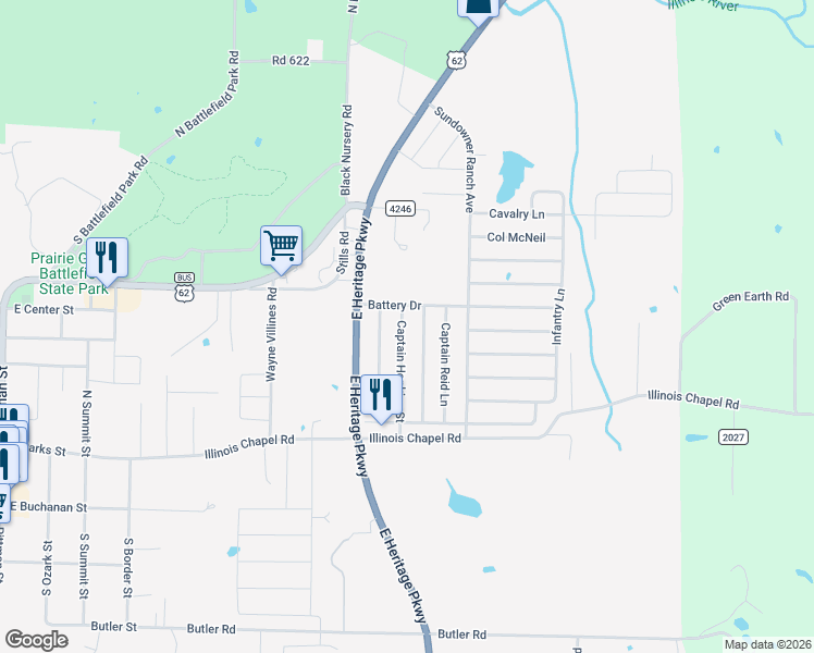 map of restaurants, bars, coffee shops, grocery stores, and more near 1100 Battery Drive in Prairie Grove