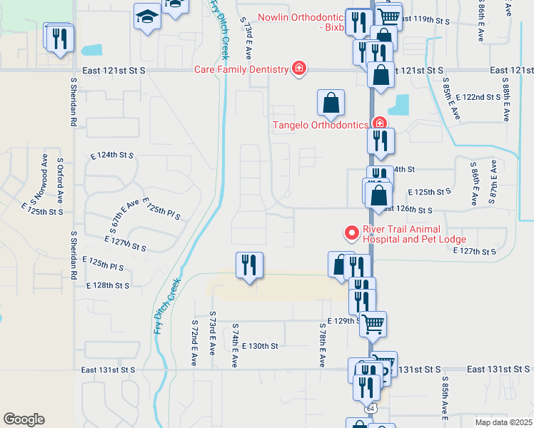 map of restaurants, bars, coffee shops, grocery stores, and more near 6017 East 126th Place South in Bixby