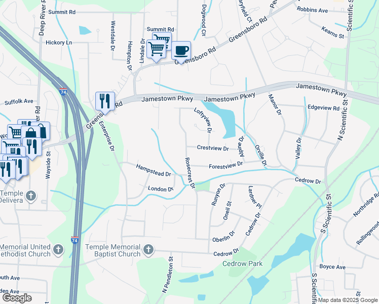 map of restaurants, bars, coffee shops, grocery stores, and more near 3200 Crestview Drive in High Point