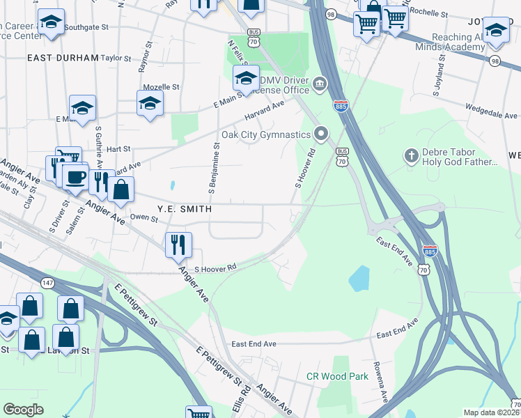 map of restaurants, bars, coffee shops, grocery stores, and more near 2819 Ashe Street in Durham