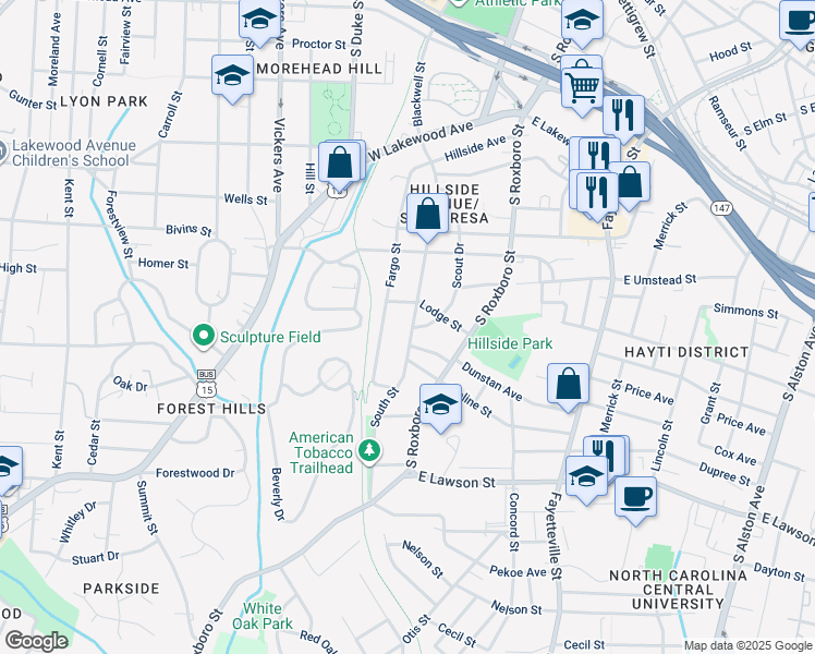 map of restaurants, bars, coffee shops, grocery stores, and more near 1201 Fargo Street in Durham