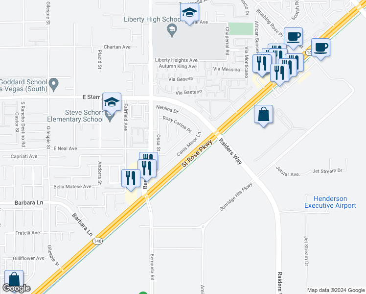map of restaurants, bars, coffee shops, grocery stores, and more near 3724 Canis Minor Ln in Henderson