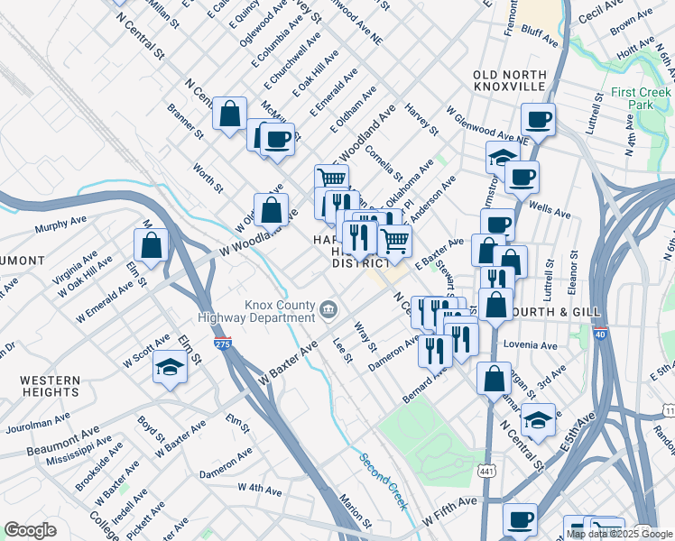 map of restaurants, bars, coffee shops, grocery stores, and more near 116 West Oklahoma Avenue in Knoxville