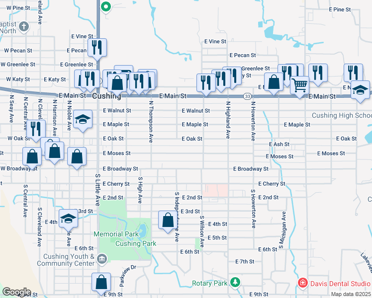 map of restaurants, bars, coffee shops, grocery stores, and more near 901 East Oak Street in Cushing