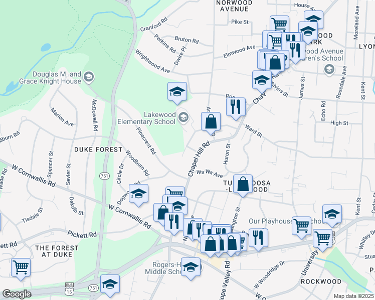 map of restaurants, bars, coffee shops, grocery stores, and more near 2411 Mc Gehee Street in Durham