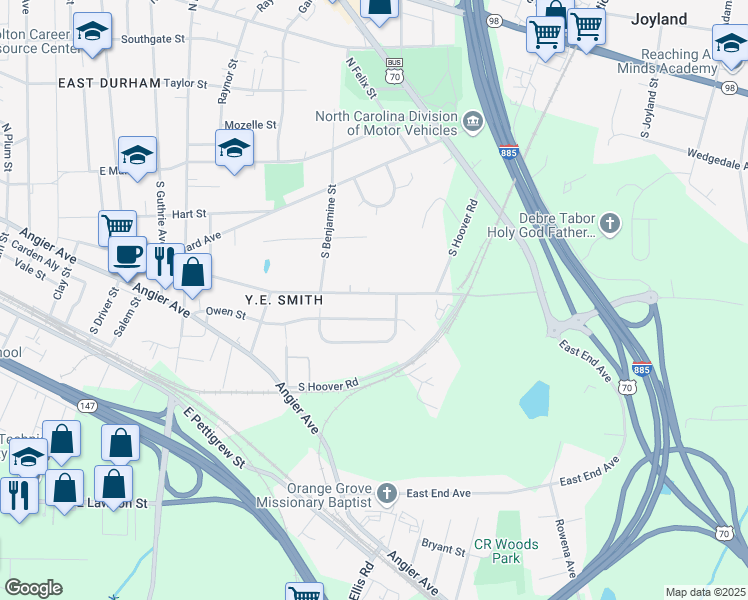 map of restaurants, bars, coffee shops, grocery stores, and more near 2800 Ashe Street in Durham