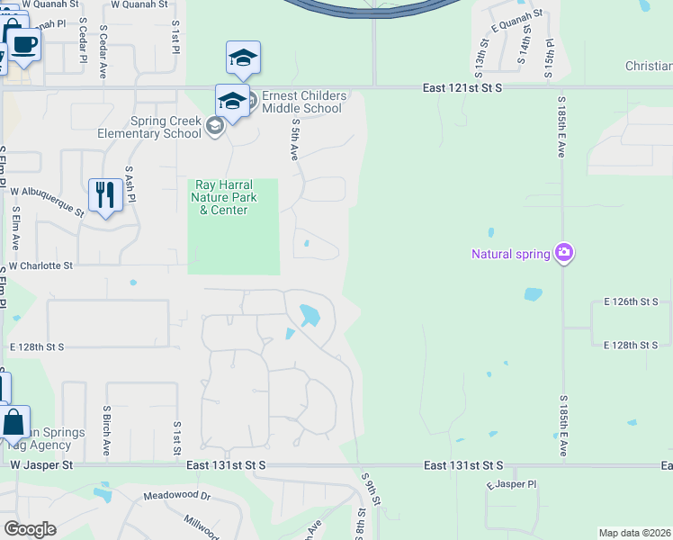 map of restaurants, bars, coffee shops, grocery stores, and more near 804 East Albuquerque Street in Broken Arrow
