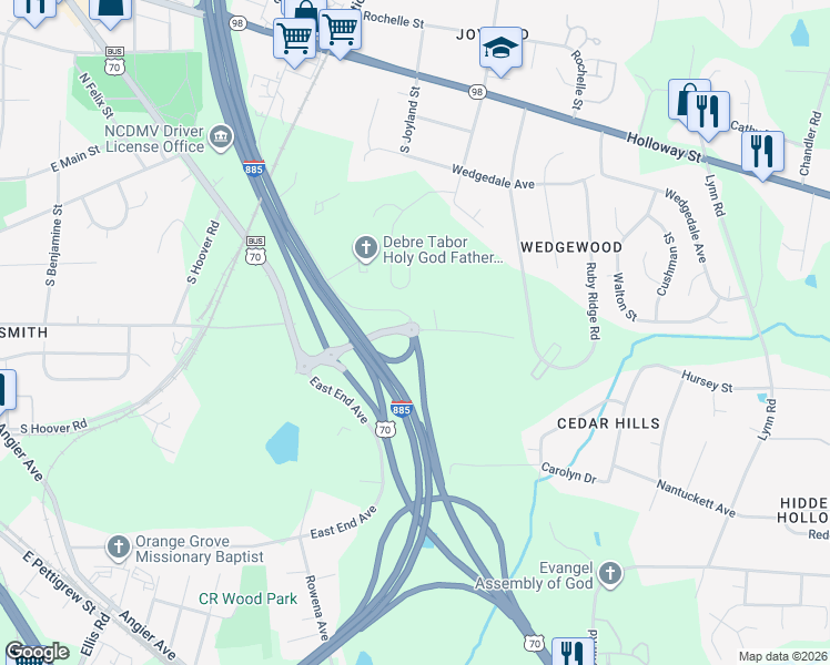 map of restaurants, bars, coffee shops, grocery stores, and more near Carr Road in Durham