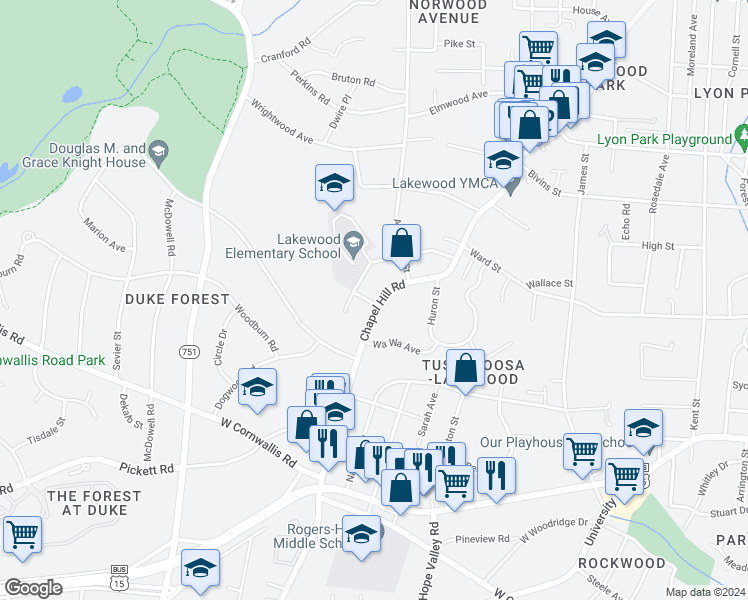 map of restaurants, bars, coffee shops, grocery stores, and more near 2514 Chapel Hill Road in Durham