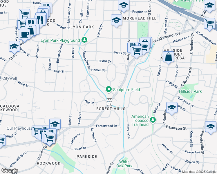 map of restaurants, bars, coffee shops, grocery stores, and more near 1000 West Forest Hills Boulevard in Durham