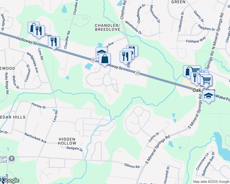 map of restaurants, bars, coffee shops, grocery stores, and more near 102 Harvest Oaks Lane in Durham