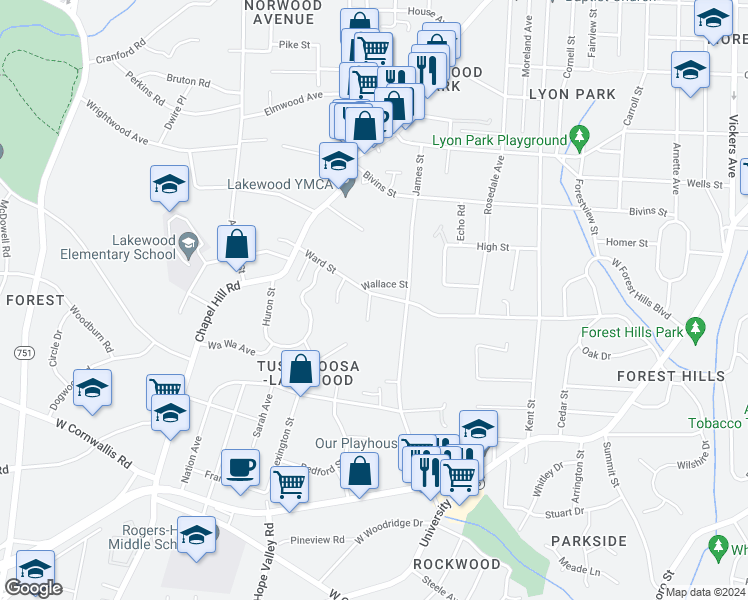 map of restaurants, bars, coffee shops, grocery stores, and more near 1917 Ward Street in Durham