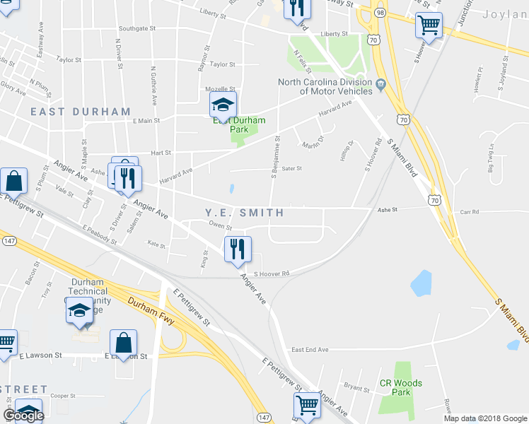 map of restaurants, bars, coffee shops, grocery stores, and more near 2620 Ashe Street in Durham