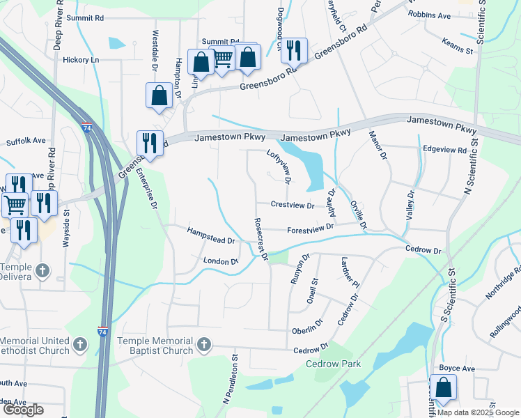 map of restaurants, bars, coffee shops, grocery stores, and more near 3200 Crestview Drive in High Point