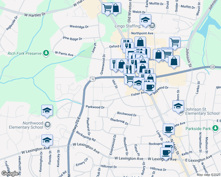 map of restaurants, bars, coffee shops, grocery stores, and more near 201 Elmhurst Avenue in High Point