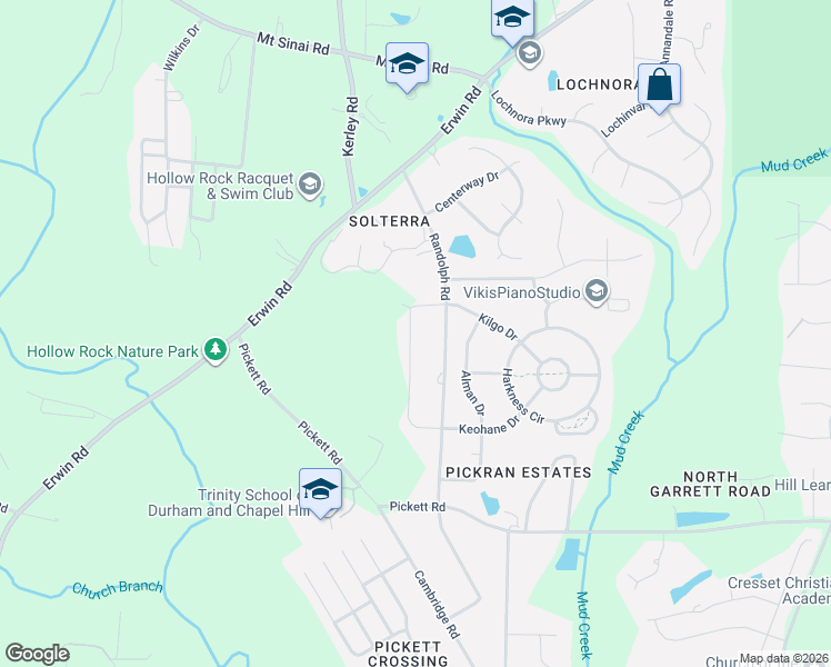 map of restaurants, bars, coffee shops, grocery stores, and more near 3502 Randolph Road in Durham