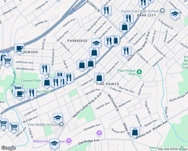 map of restaurants, bars, coffee shops, grocery stores, and more near 2310 East Magnolia Avenue in Knoxville