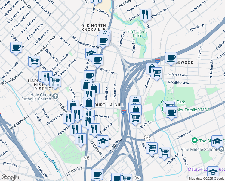 map of restaurants, bars, coffee shops, grocery stores, and more near 1026 Luttrell Street in Knoxville