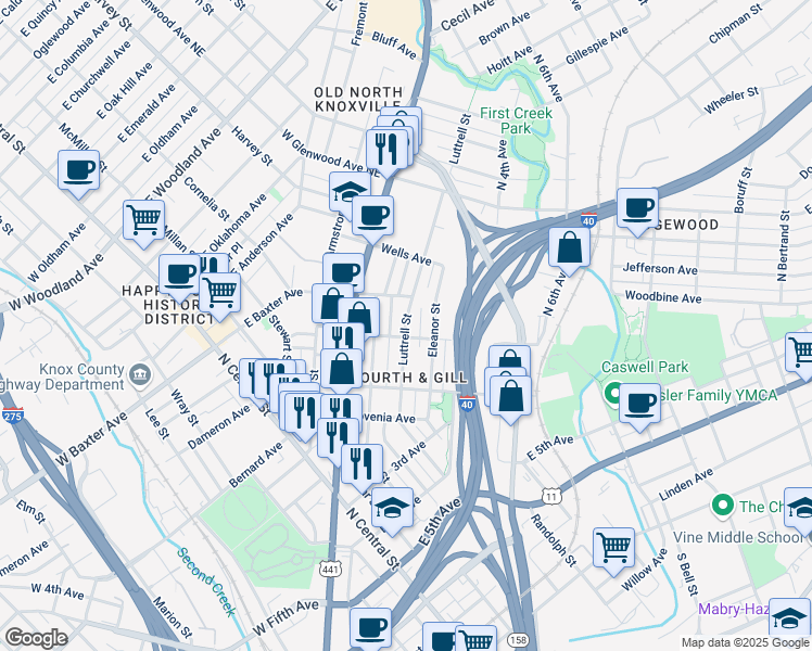 map of restaurants, bars, coffee shops, grocery stores, and more near 1026 Luttrell Street in Knoxville