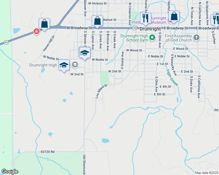 map of restaurants, bars, coffee shops, grocery stores, and more near 501 Lou S Allard in Drumright