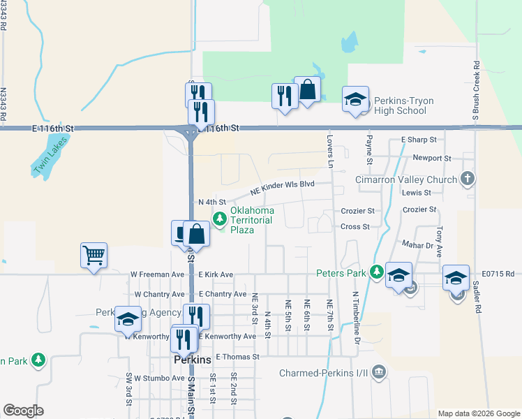 map of restaurants, bars, coffee shops, grocery stores, and more near 413 East Pams Drive in Perkins