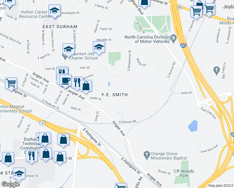 map of restaurants, bars, coffee shops, grocery stores, and more near 2612 Ashe Street in Durham