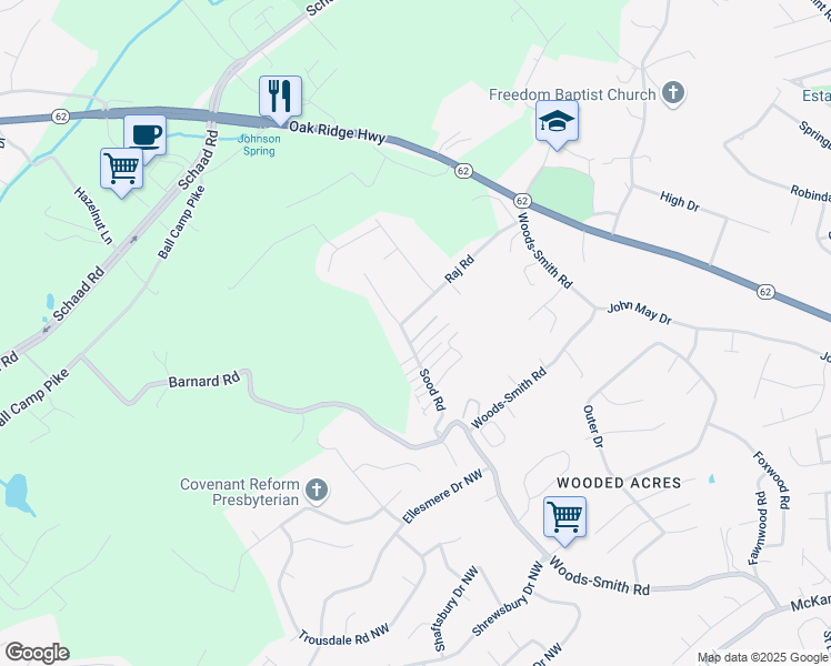 map of restaurants, bars, coffee shops, grocery stores, and more near 2728 Sood Road in Knoxville