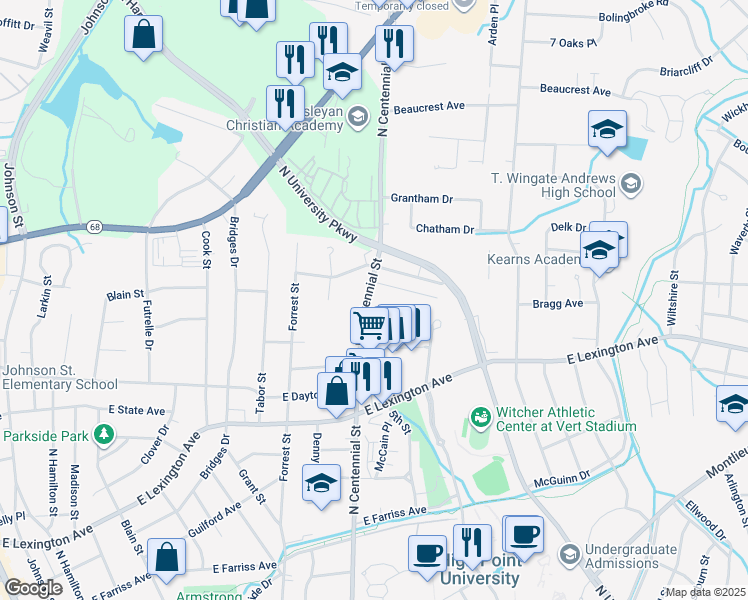 map of restaurants, bars, coffee shops, grocery stores, and more near 1614 North Centennial Street in High Point