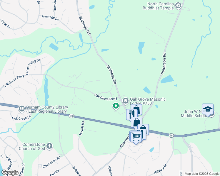 map of restaurants, bars, coffee shops, grocery stores, and more near 203 Briarhaven Drive in Durham