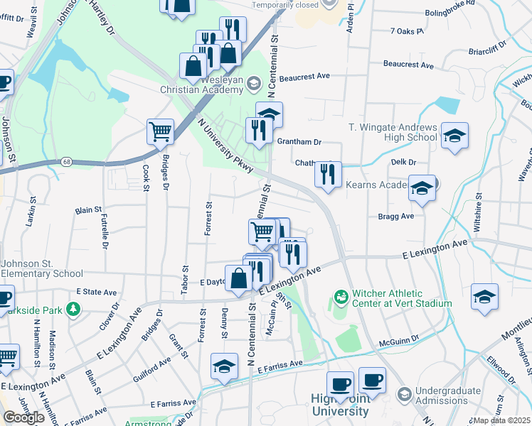 map of restaurants, bars, coffee shops, grocery stores, and more near 1614 North Centennial Street in High Point