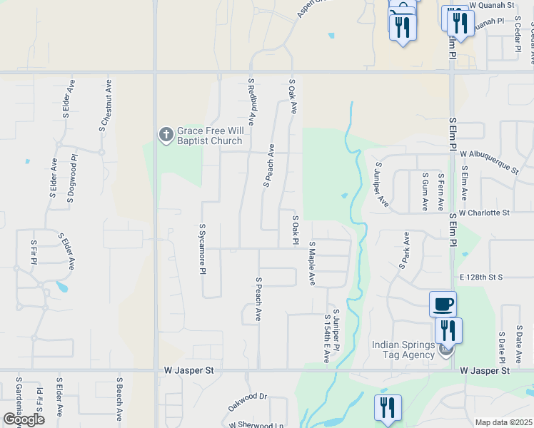 map of restaurants, bars, coffee shops, grocery stores, and more near 7301 South Peach Avenue in Broken Arrow