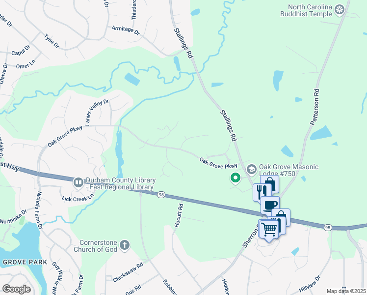 map of restaurants, bars, coffee shops, grocery stores, and more near 102 Morning View Court in Durham