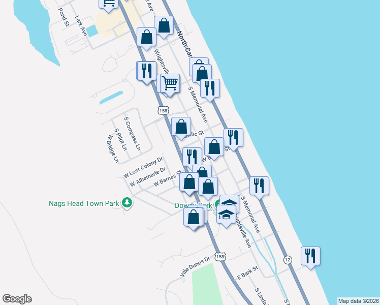 map of restaurants, bars, coffee shops, grocery stores, and more near 108 Morning View Place in Nags Head