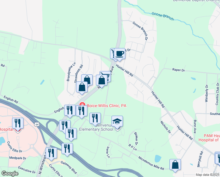 map of restaurants, bars, coffee shops, grocery stores, and more near 1049 Garris Shearin Road in Rocky Mount