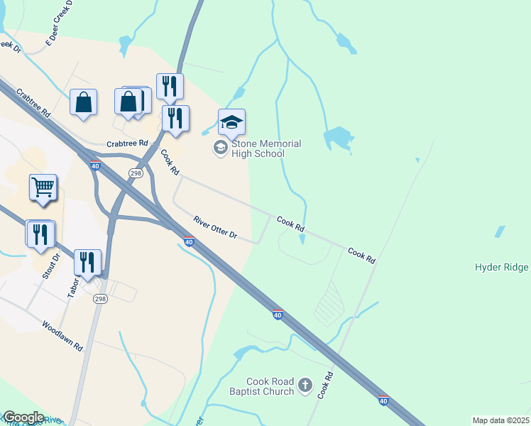 map of restaurants, bars, coffee shops, grocery stores, and more near Cook Road in Crossville
